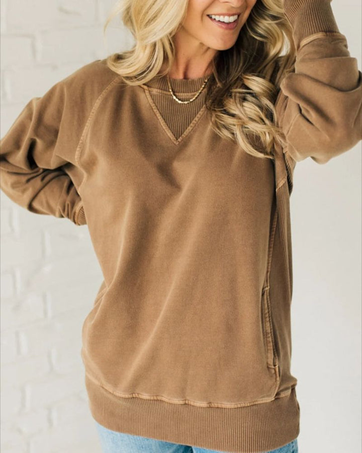 Leah - Ribbed Accent Pocketed Pullover